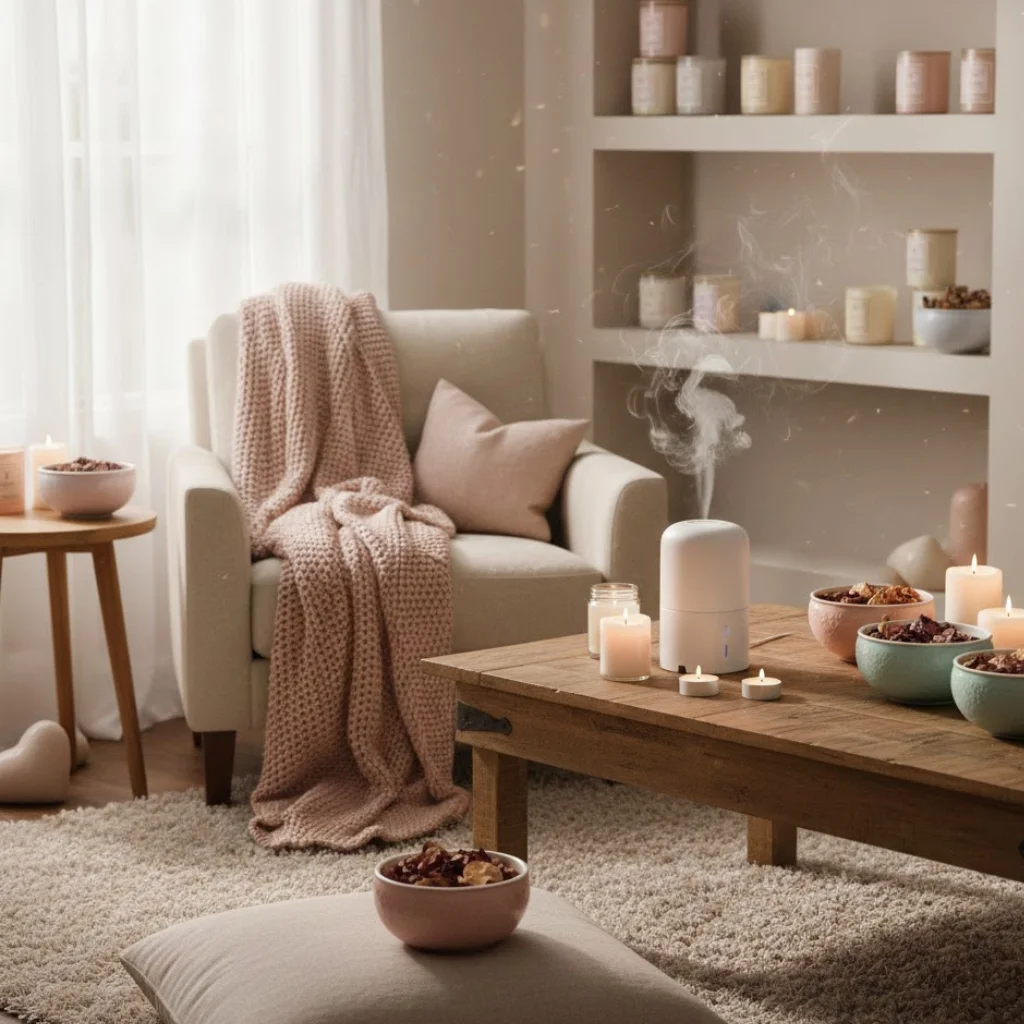 Valentine’s Day room decorated with scented candles, diffuser, and potpourri for a cozy aromatic ambiance