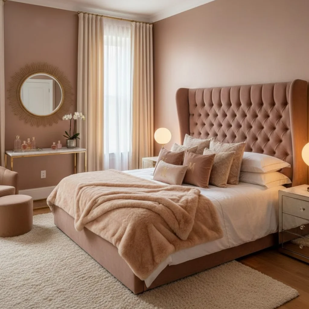 Velvet glam girls bedroom with plush velvet headboard and luxurious soft furnishings