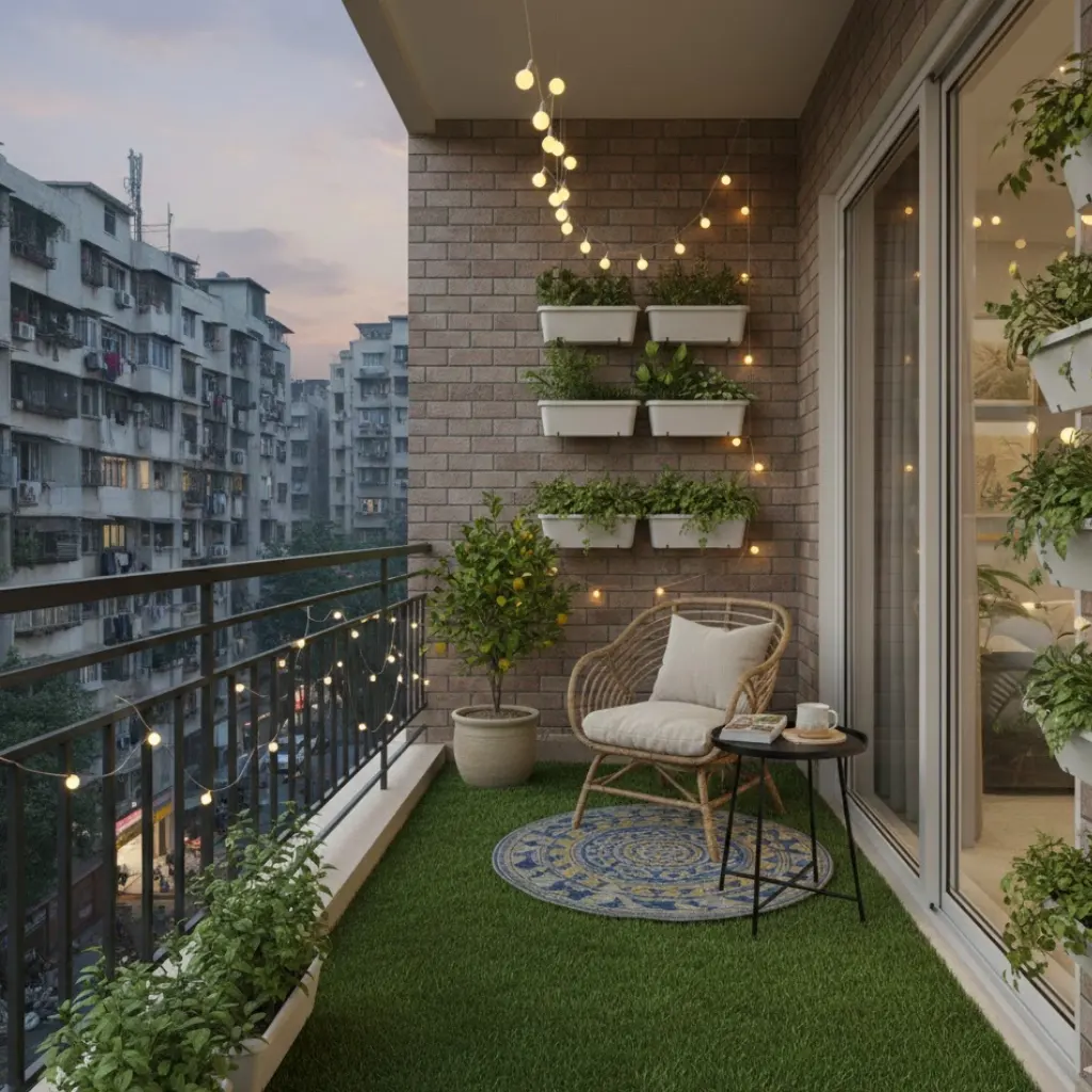 Very small balcony ideas apartment Indian design with compact seating and greenery