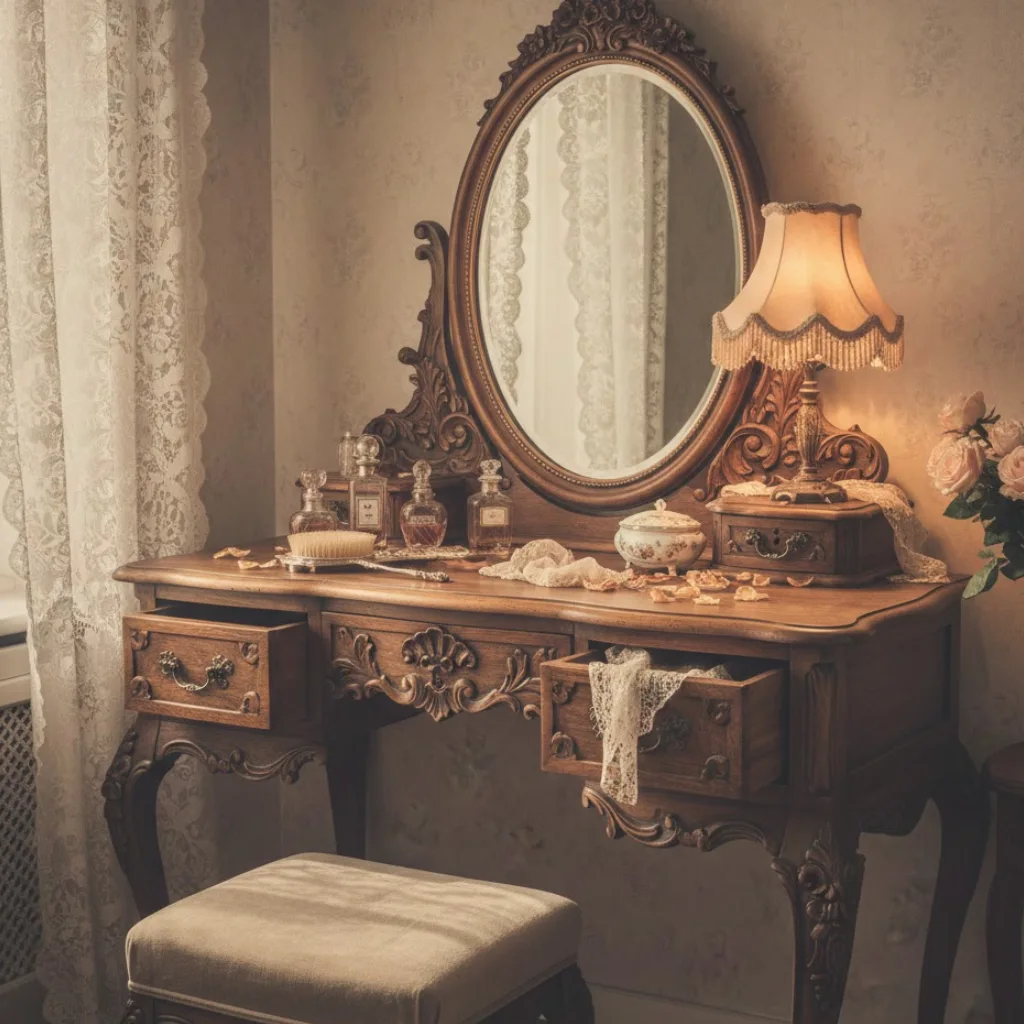 Vintage bedroom vanity with ornate wooden design, oval mirror, and antique drawers for a classic, romantic look