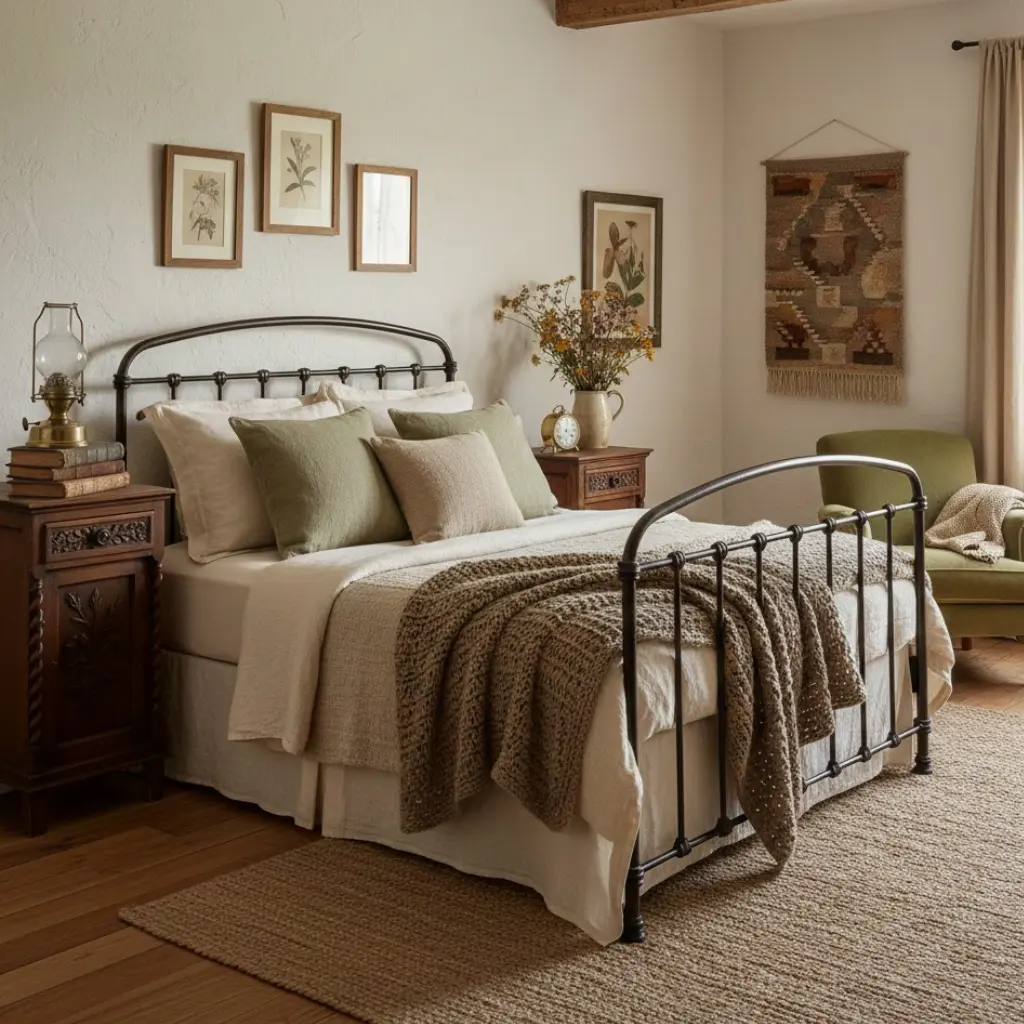 Vintage nightstands in a cozy earthy cottage bedroom