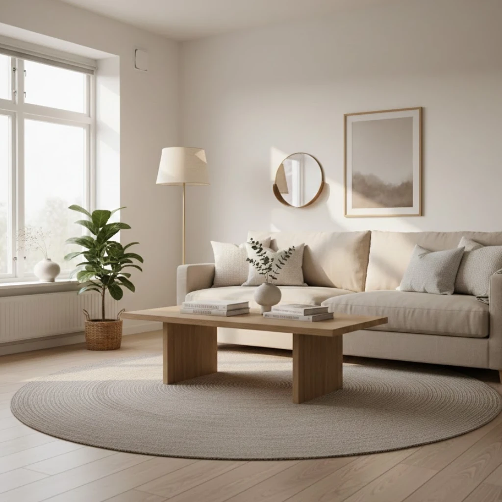 Warm white living room with beige accents, neutral sofa, wooden furniture, and cozy modern interior design.