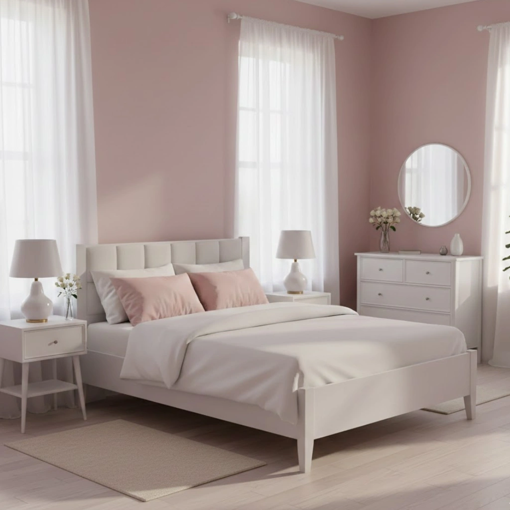 White and pink bedroom with blush pink walls, white furniture, and soft minimalist decor