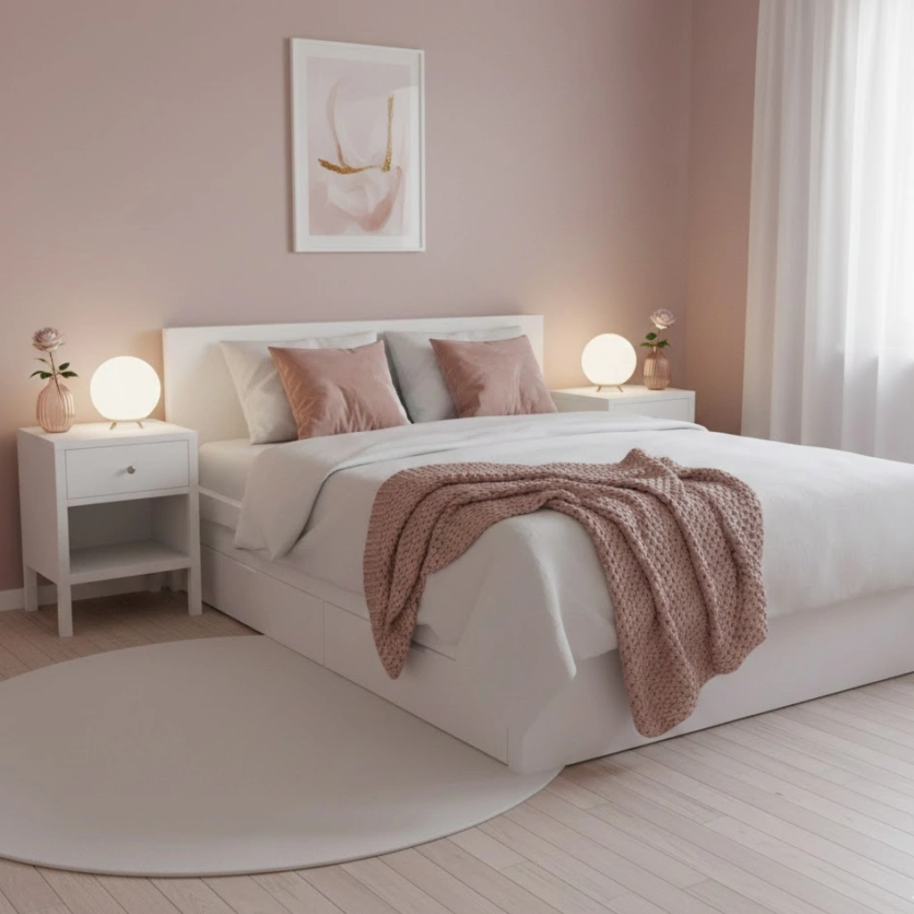 White furniture styled with pink accents in a pink and white bedroom decor theme