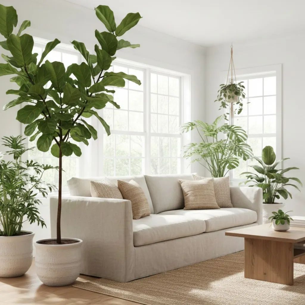 White living room enhanced with indoor plants for a fresh and natural look.