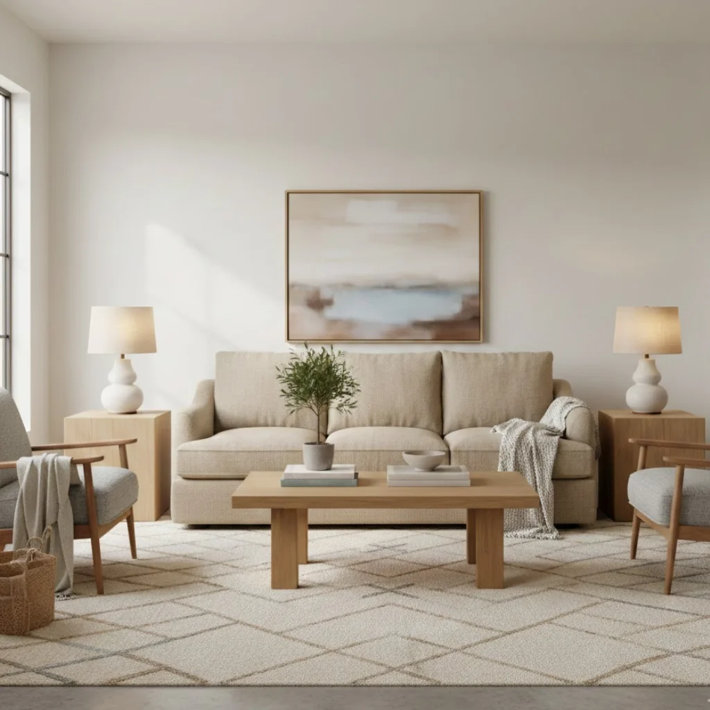 White living room featuring a neutral patterned rug for added texture.