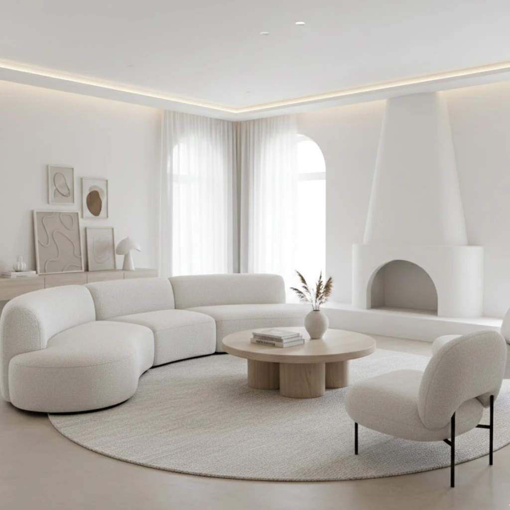 White living room featuring curved furniture and soft modern styling.
