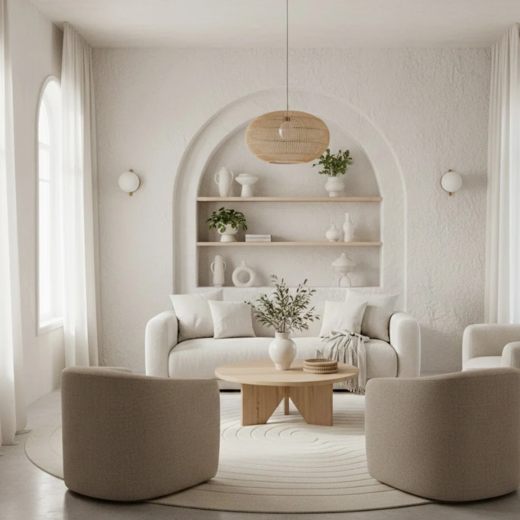White living room featuring elegant arched architectural details.