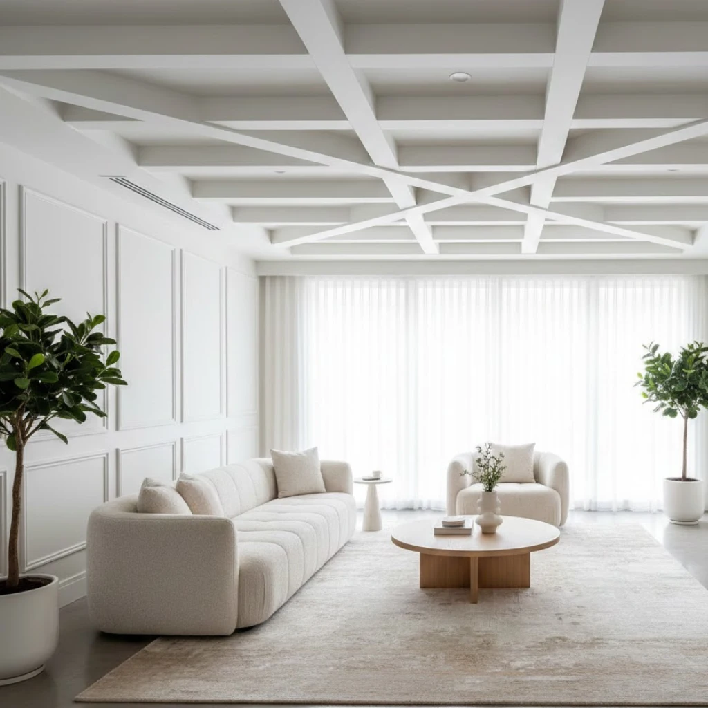 White living room featuring textured ceiling details.