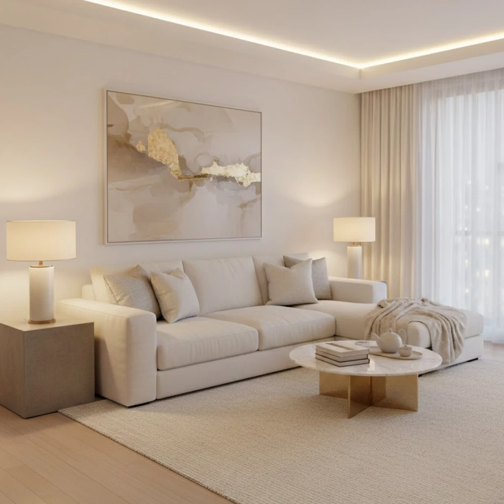White living room with ambient lighting creating a cozy atmosphere.