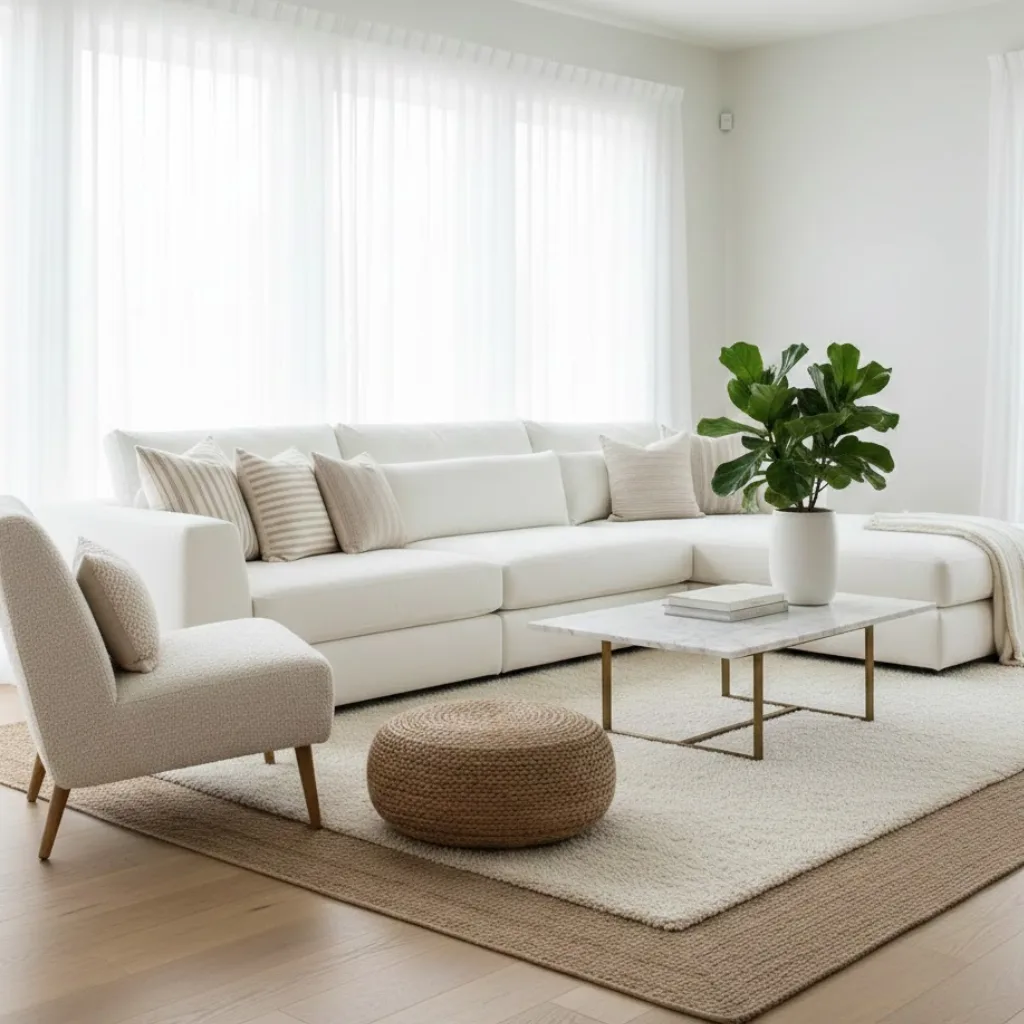White living room with layered seating for comfort and flexibility.