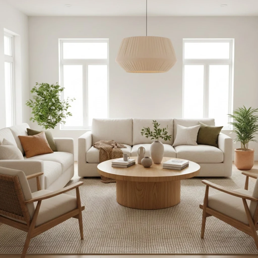 White living room with natural wood furniture creating a warm and balanced interior.