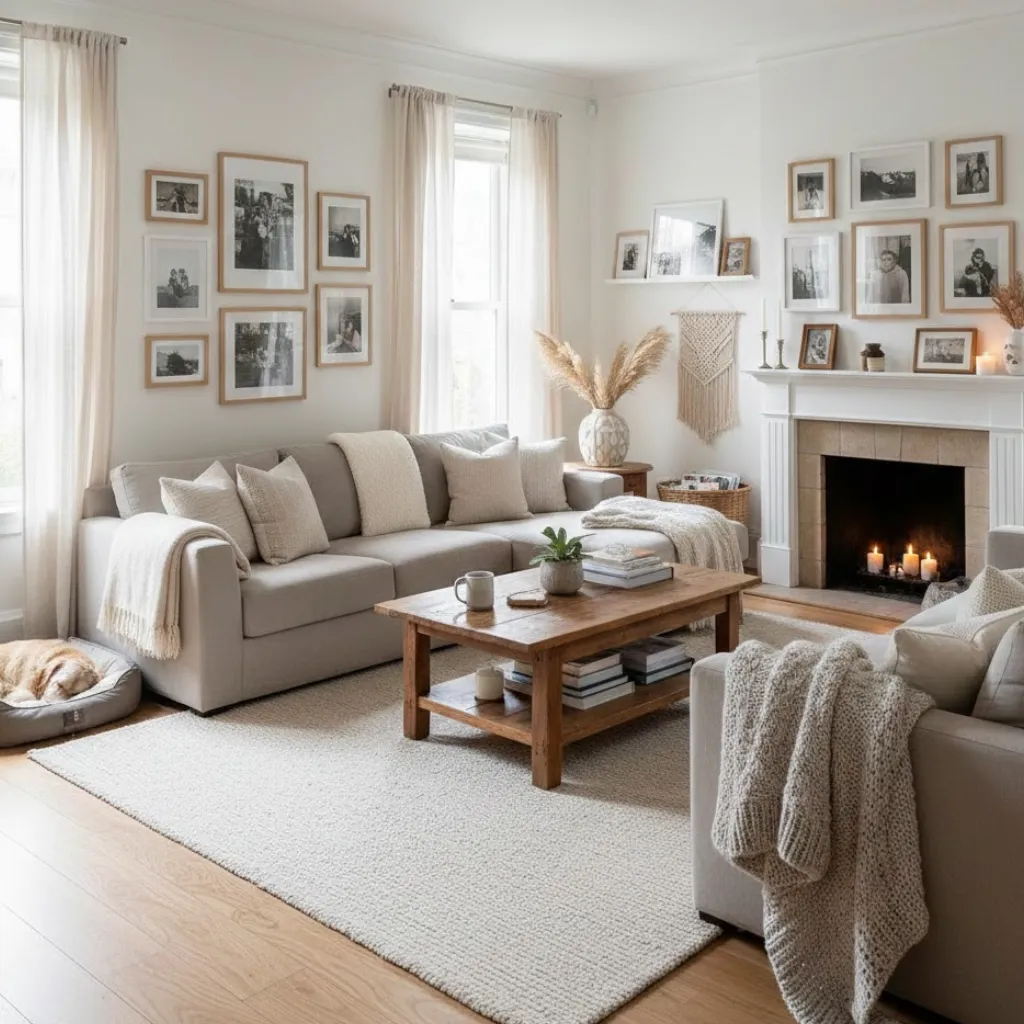 White living room with personalized decor for a warm feel.