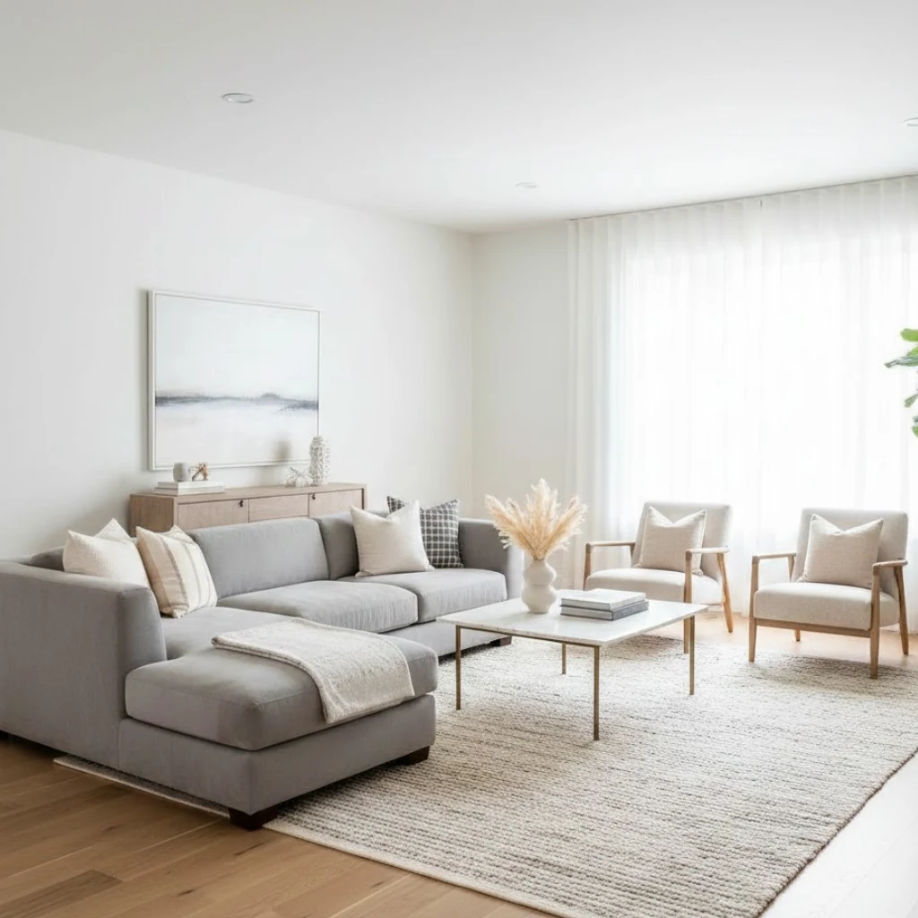 White living room with soft gray accents creating contrast and balance.