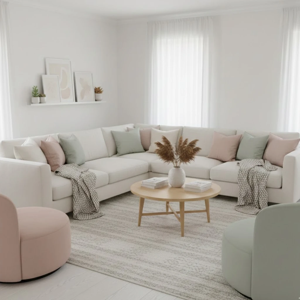 White living room with soft pastel accents for gentle color.