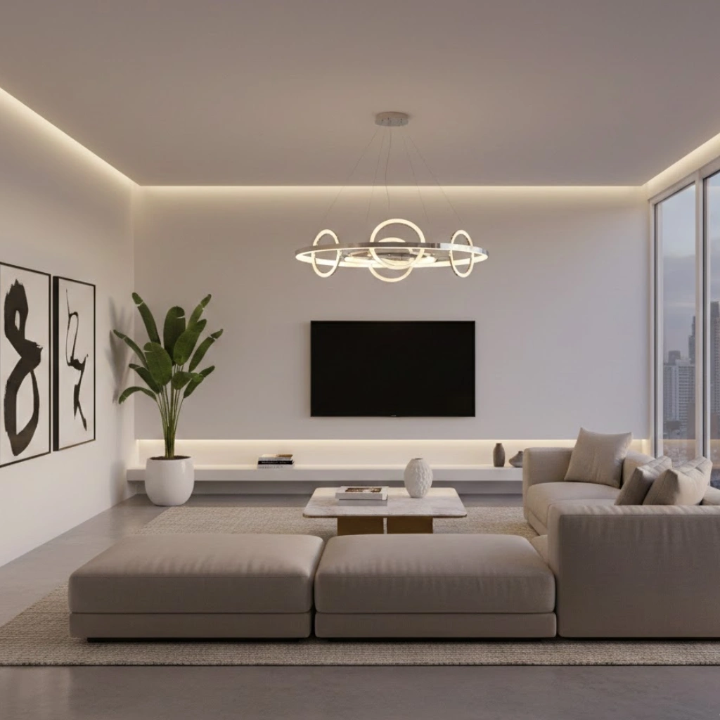 White living room with statement lighting and modern minimalist decor.