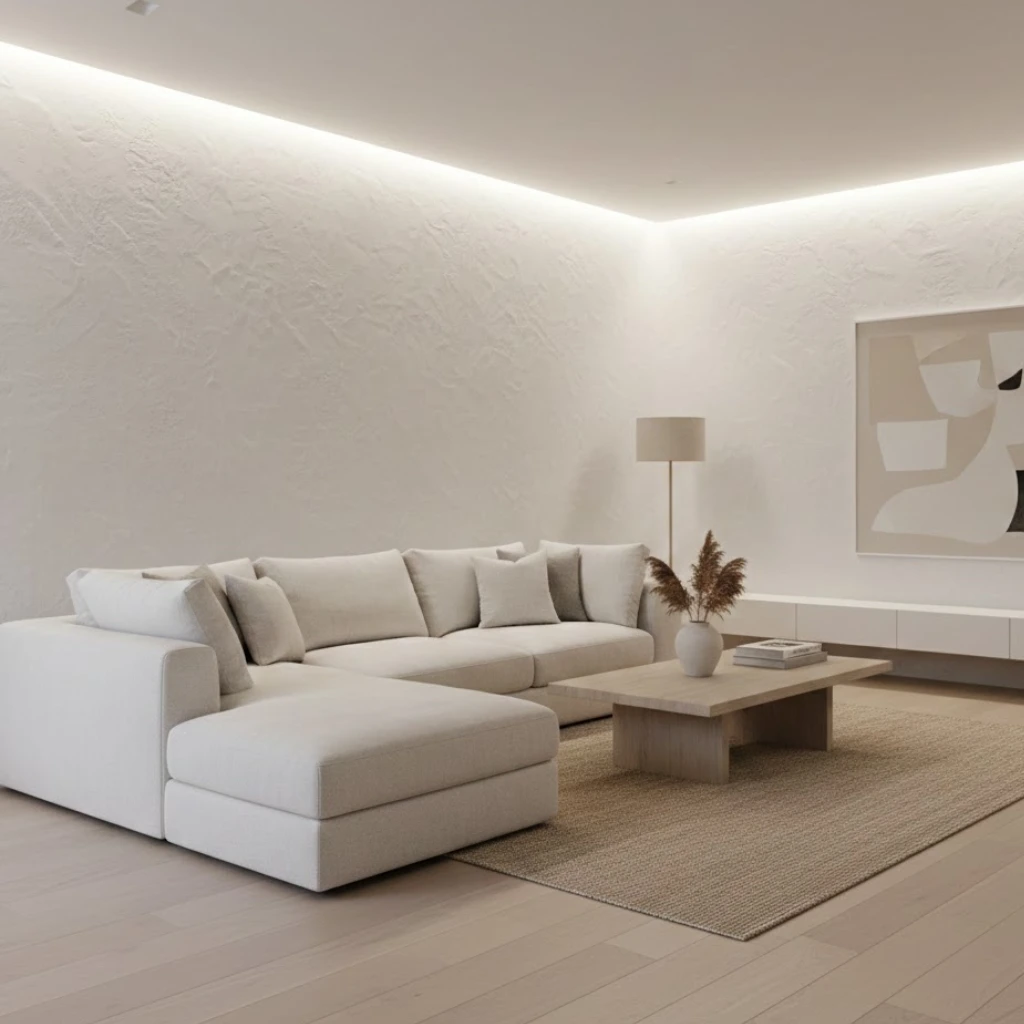 White living room with textured wall finish for added depth.