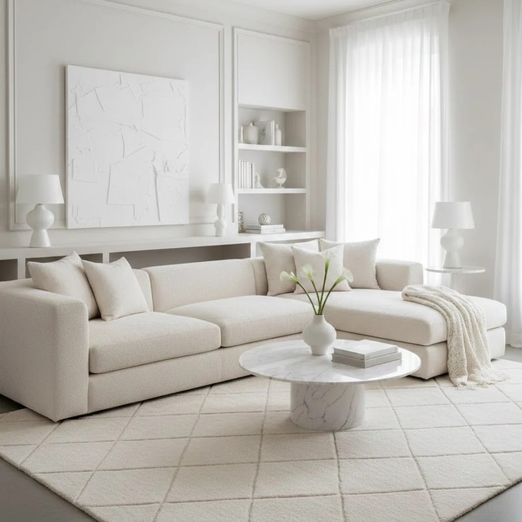 White-on-white living room with layered tones and elegant minimalist design.