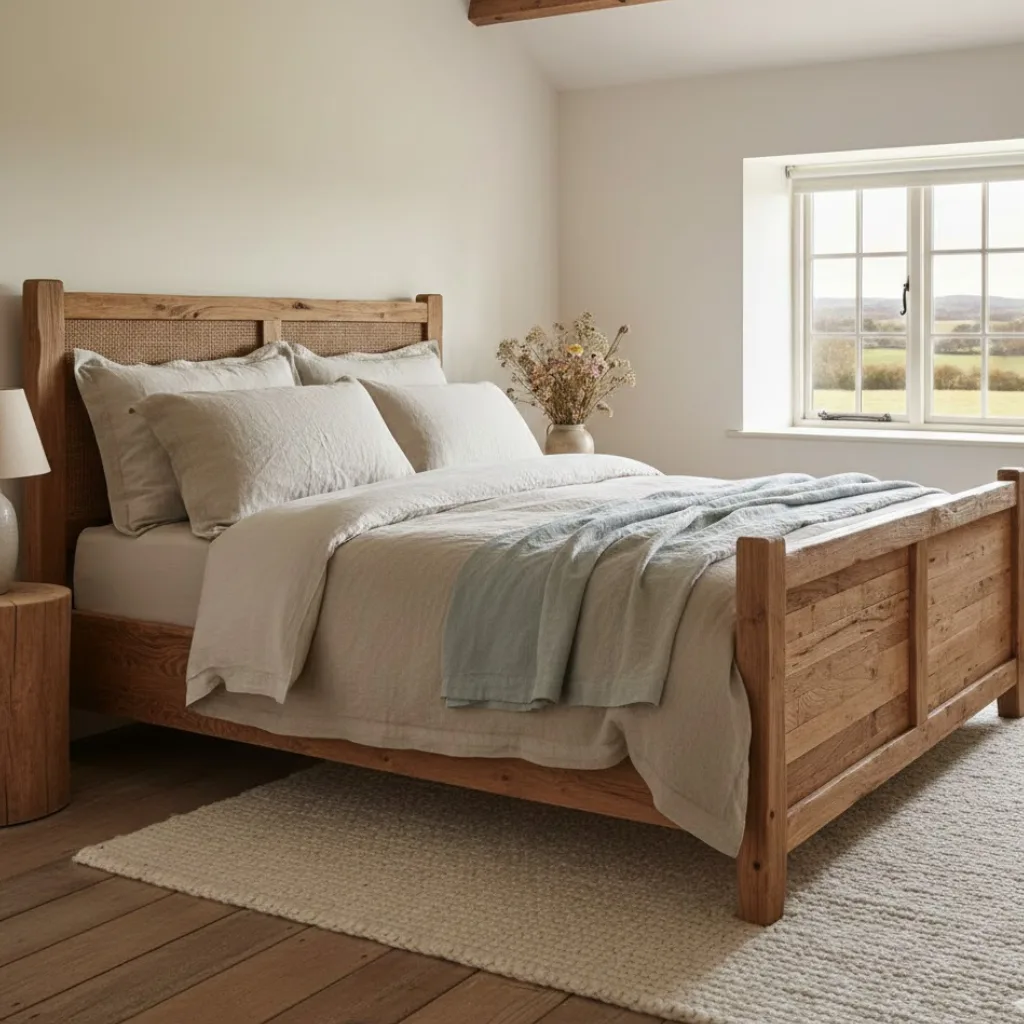 Wooden bed frame in an earthy cottage bedroom with natural textures