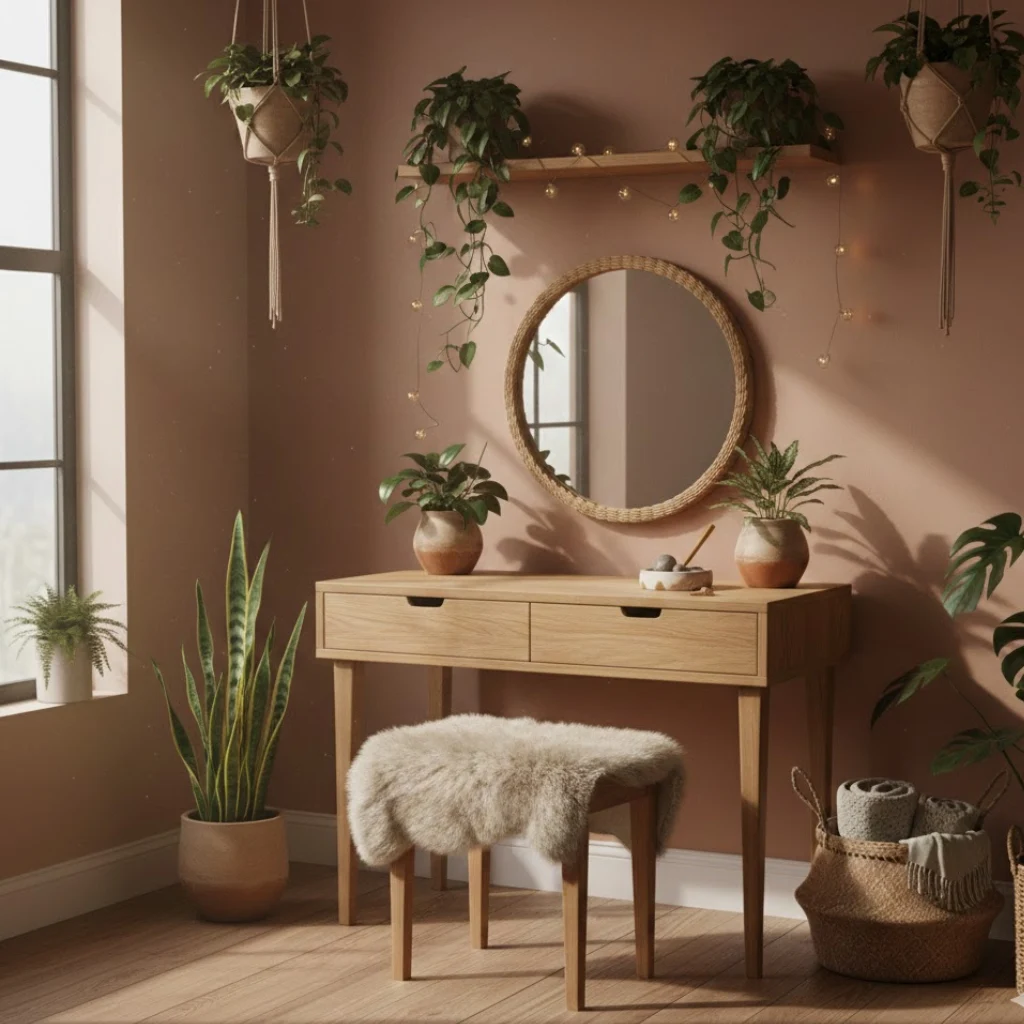 Wooden bedroom vanity with light oak finish, minimal hardware, and natural decor for a warm, earthy aesthetic