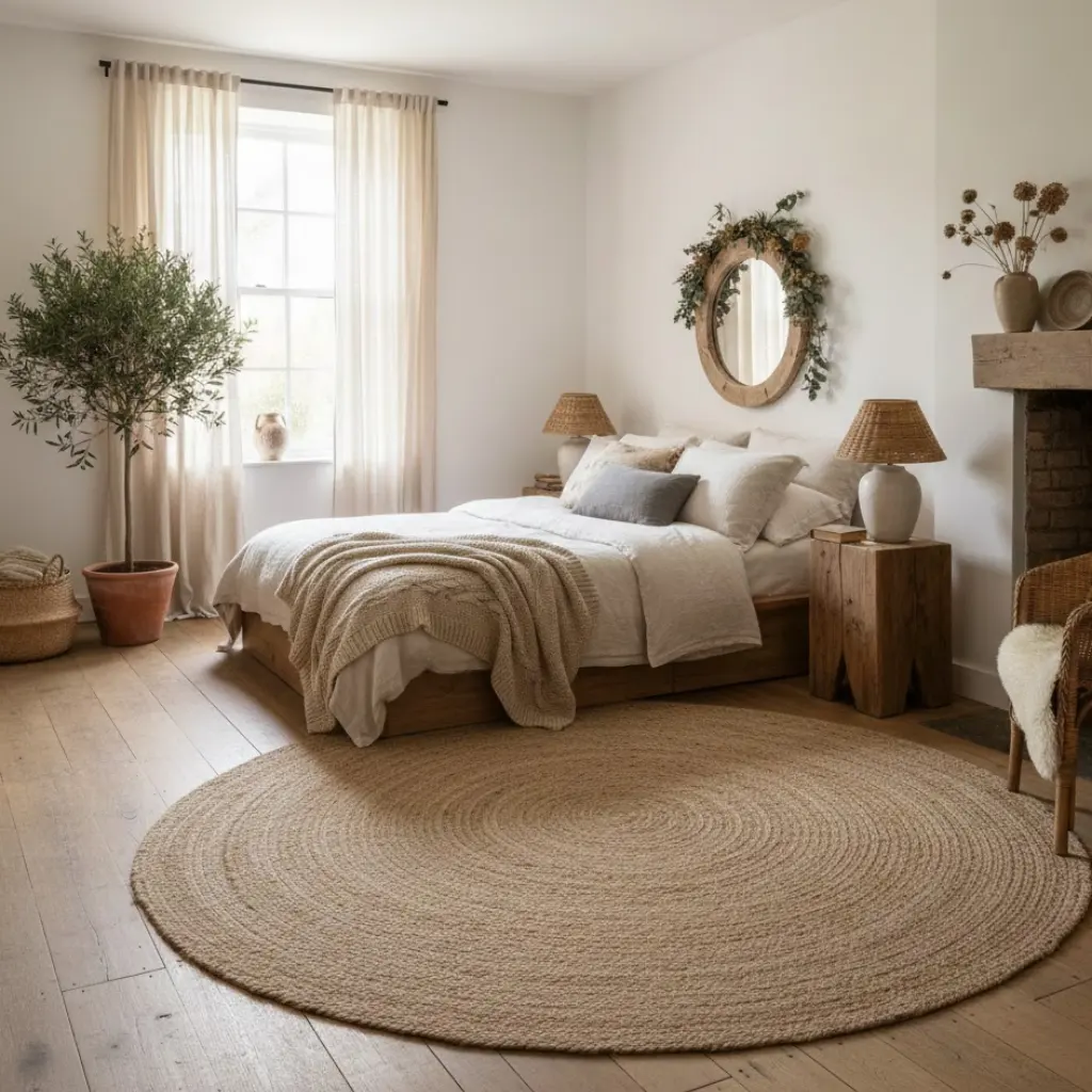 Woven jute rug adding texture to an earthy cottage bedroom