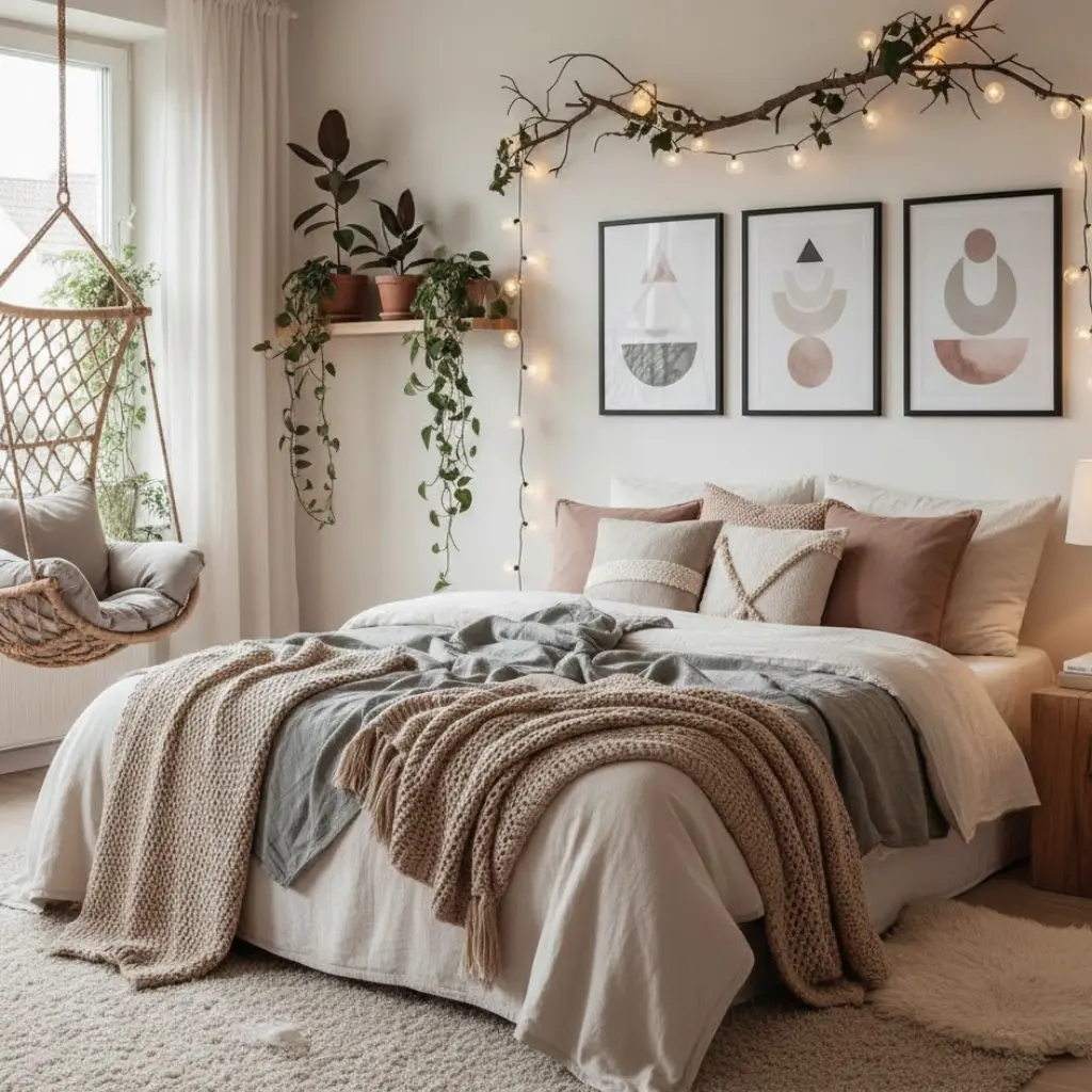 Aesthetic cosy bedroom with layered bedding, hanging chair, soft fairy lights, plants, and minimalist décor for a relaxing vibe