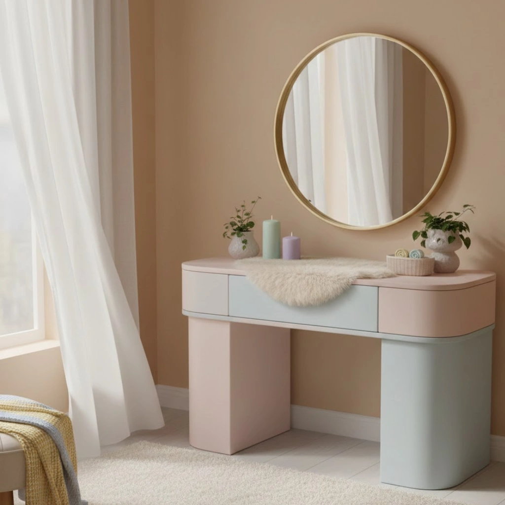 Aesthetic dressing table idea with pastel tones and soft decorative elements.