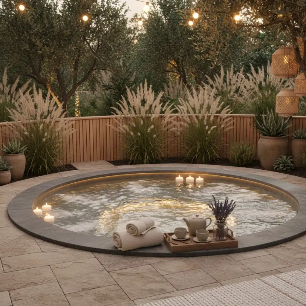 Aesthetic outdoor jacuzzi styled with minimal décor and spa accessories