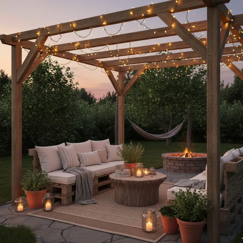 Affordable pergola ideas on a budget with wooden beams and string lights