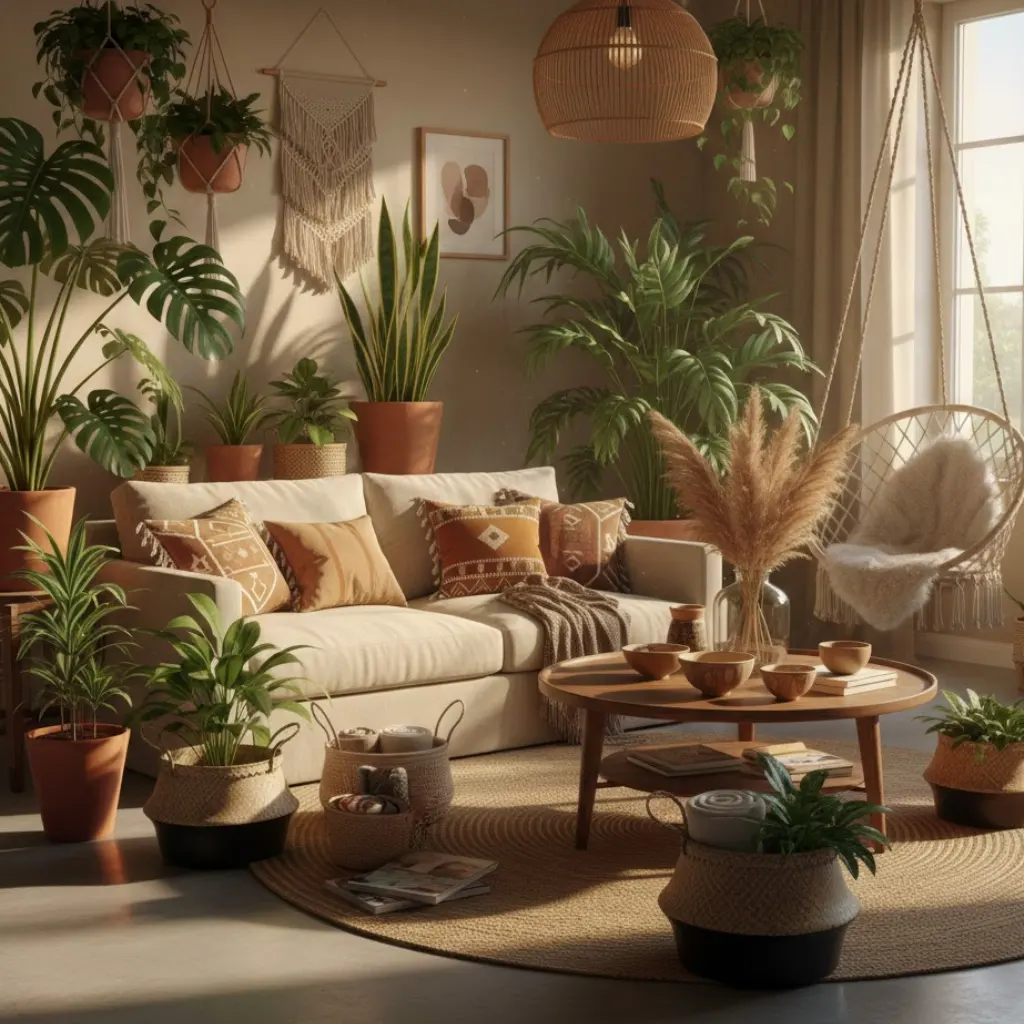Afrohemian living room decorated with indoor plants and natural bohemian elements