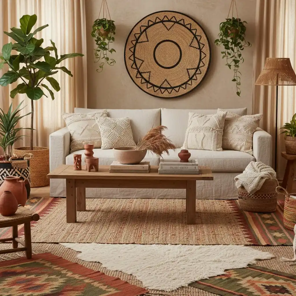 Afrohemian living room designed with layered rugs and African patterns