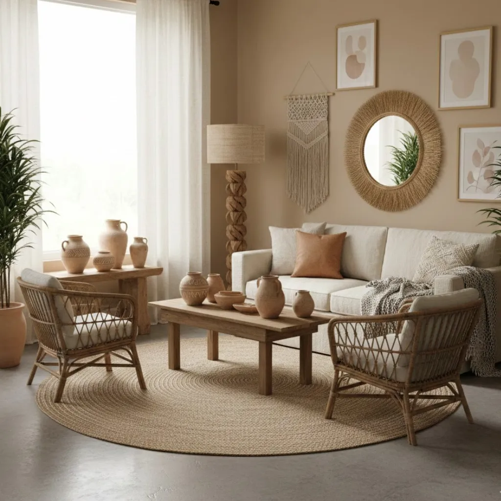 Afrohemian living room designed with natural materials like wood, rattan, and jute