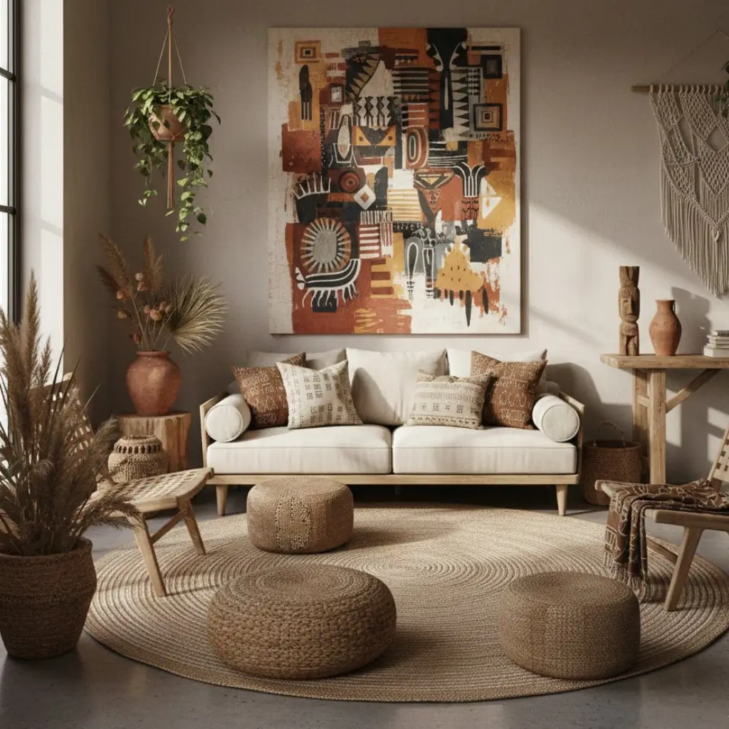 Afrohemian living room featuring bold African wall art and handcrafted decor accents