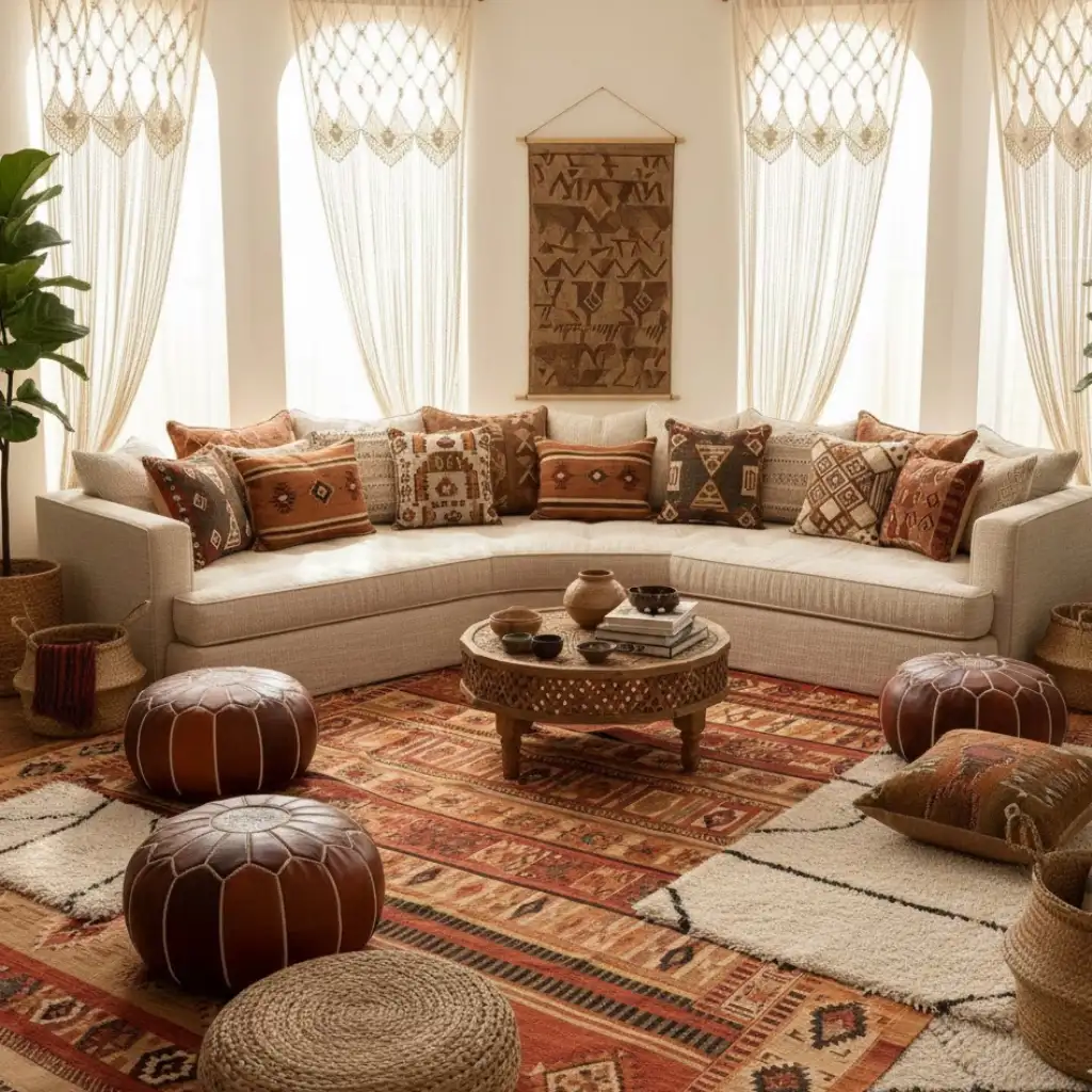 Afrohemian living room featuring low seating and cozy floor cushions