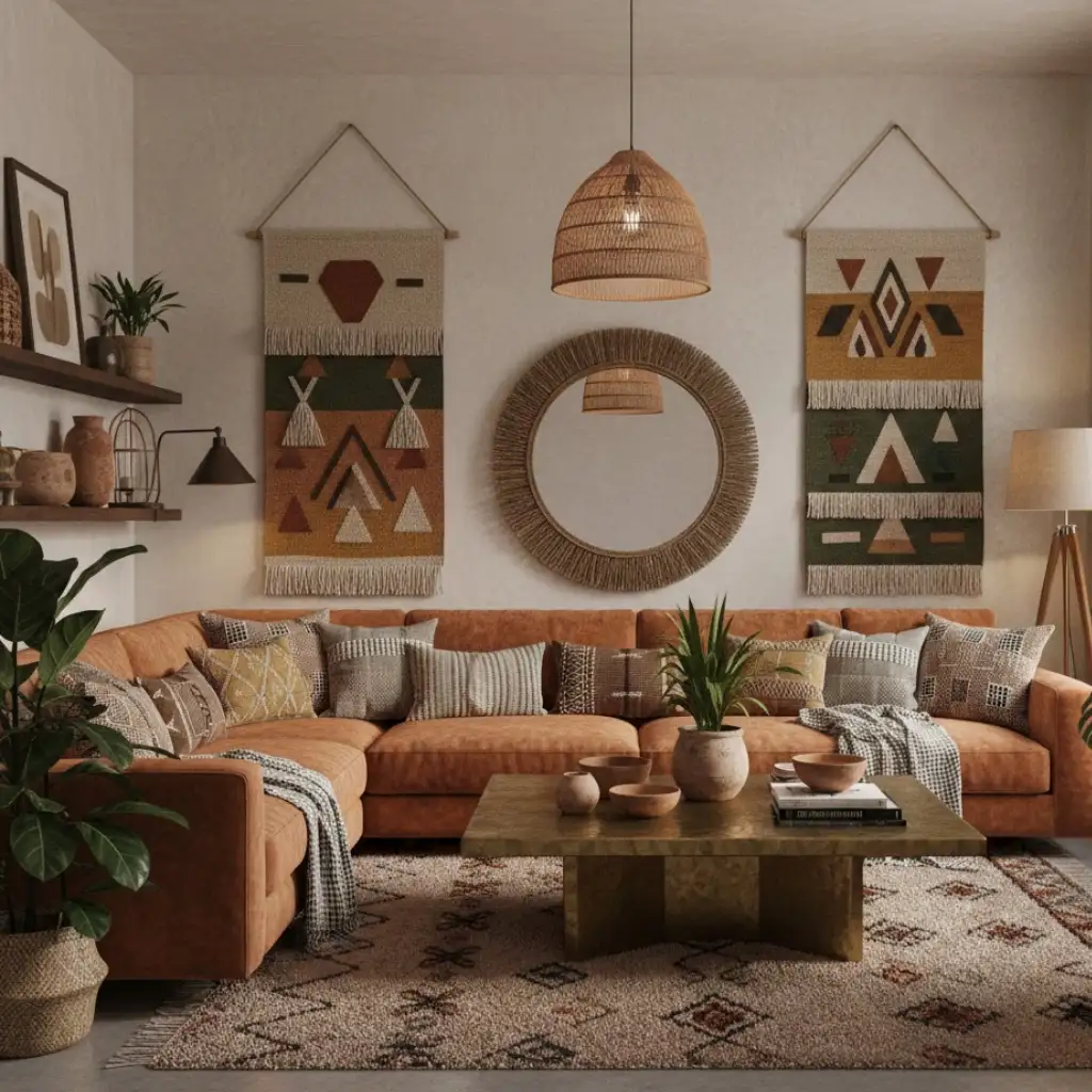 Afrohemian living room featuring textured walls and woven bohemian decor