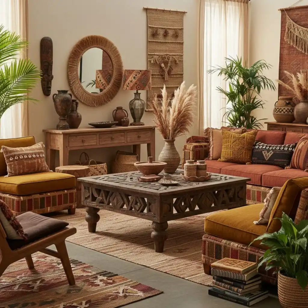Afrohemian living room highlighting bold statement furniture and cultural textures