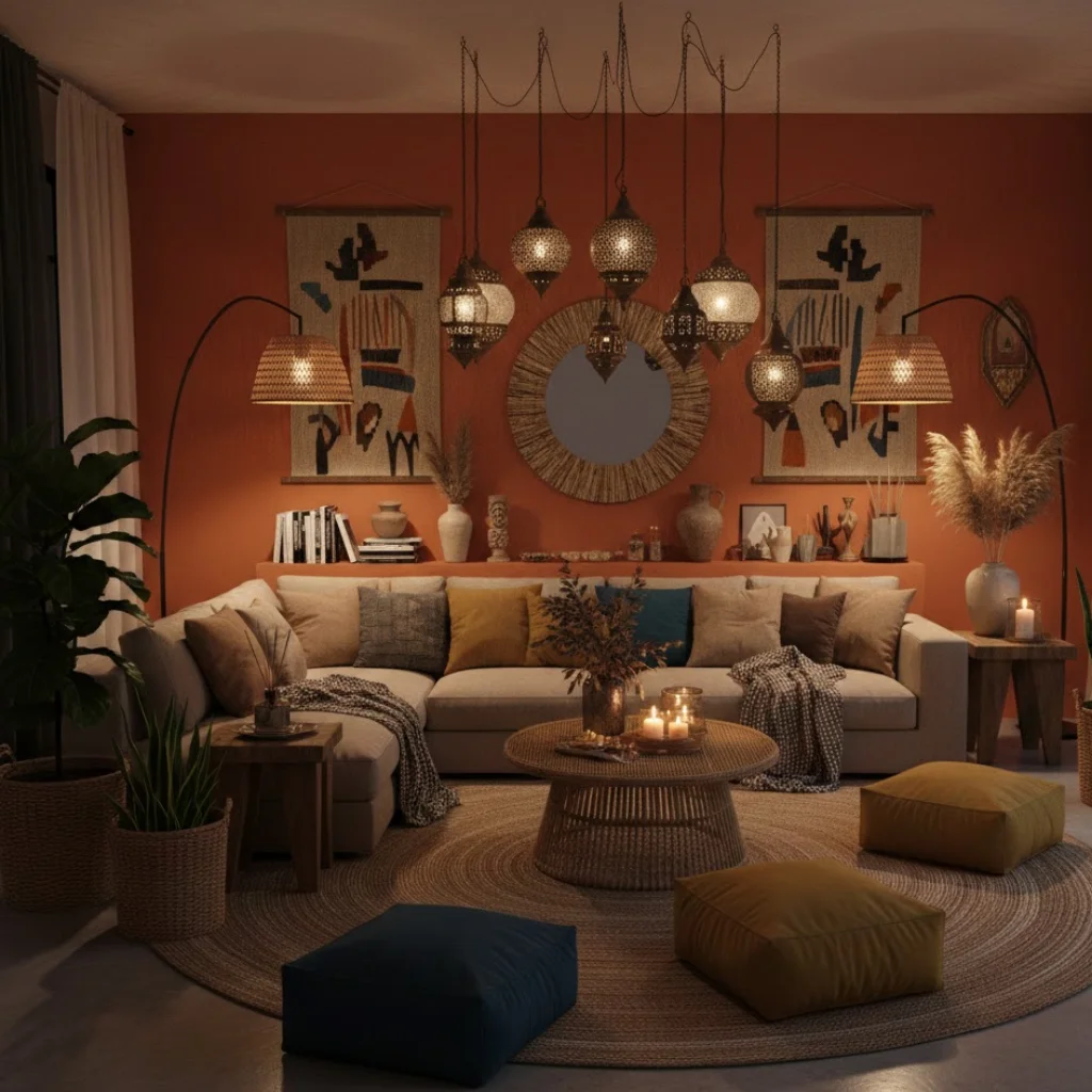 Afrohemian living room styled with warm lighting and cozy boho textures