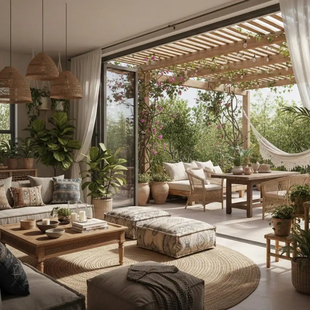 Afrohemian living room with indoor-outdoor design inspired by open terrace pergola ideas