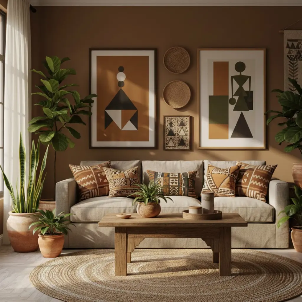Afrohemian style living room featuring African patterns, natural textures, earthy tones, and bohemian decor elements