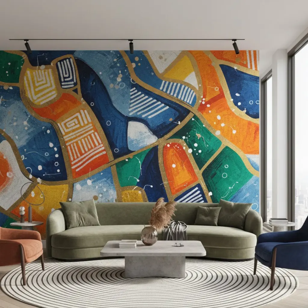Artistic mural wallpaper creating a bold statement wall in a modern living room.