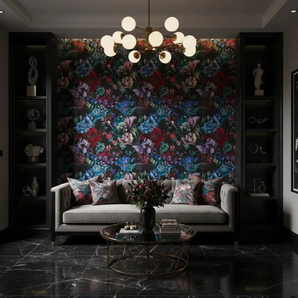 Black flower wallpaper creating a bold and dramatic floral interior design