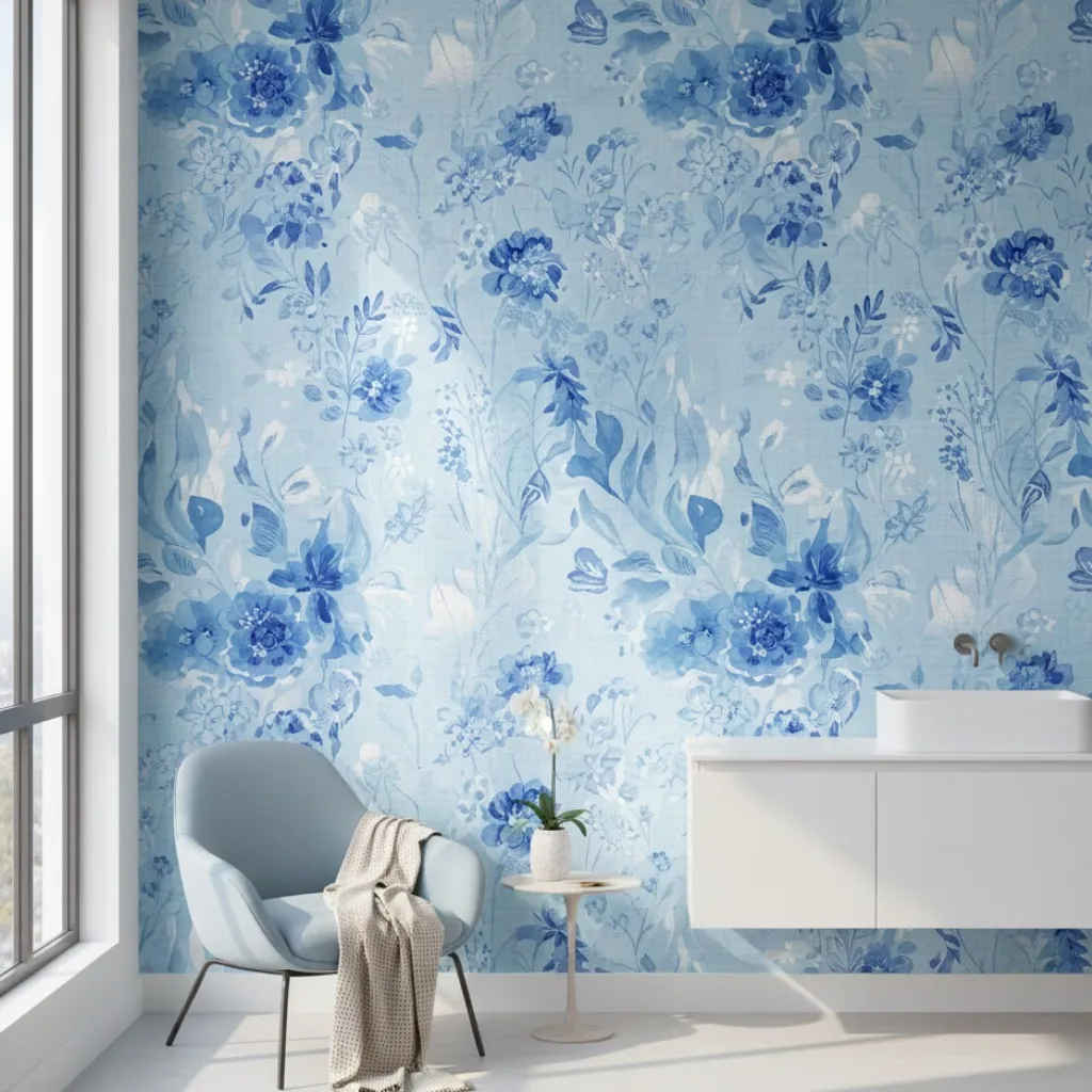 Blue flower wallpaper bringing a fresh and calming vibe to modern home decor