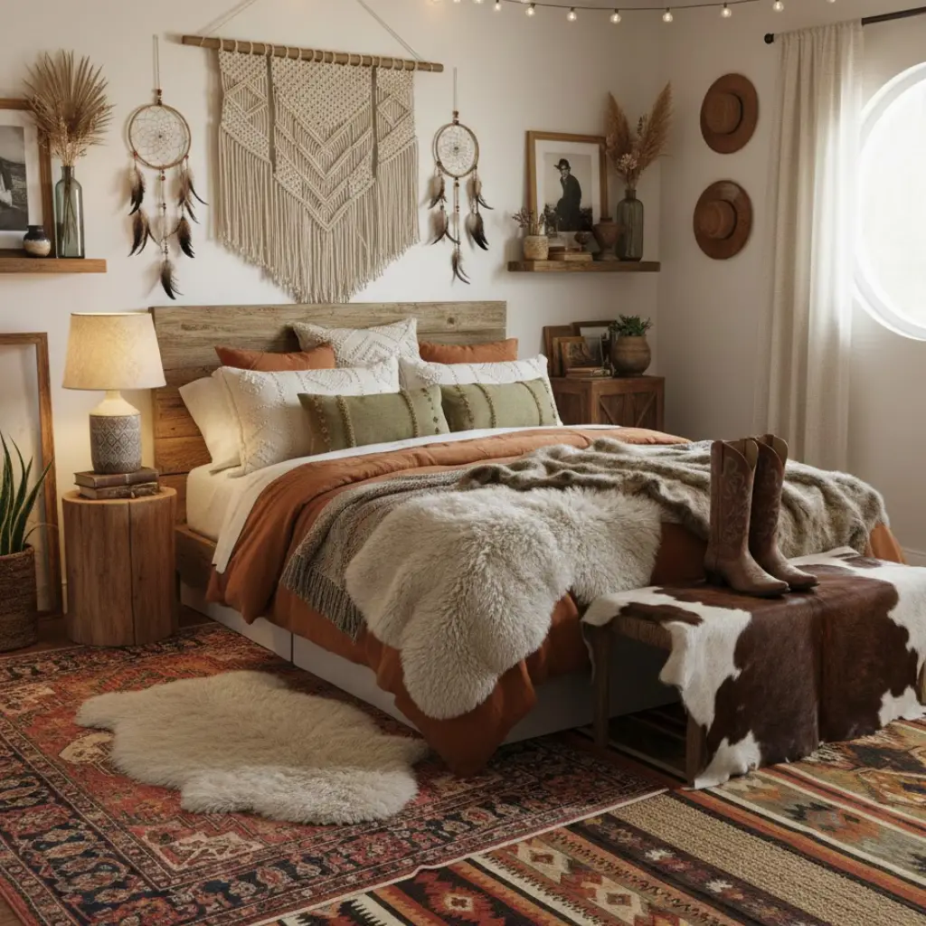 Bohemian cowgirl bedroom with layered textures and relaxed western charm.