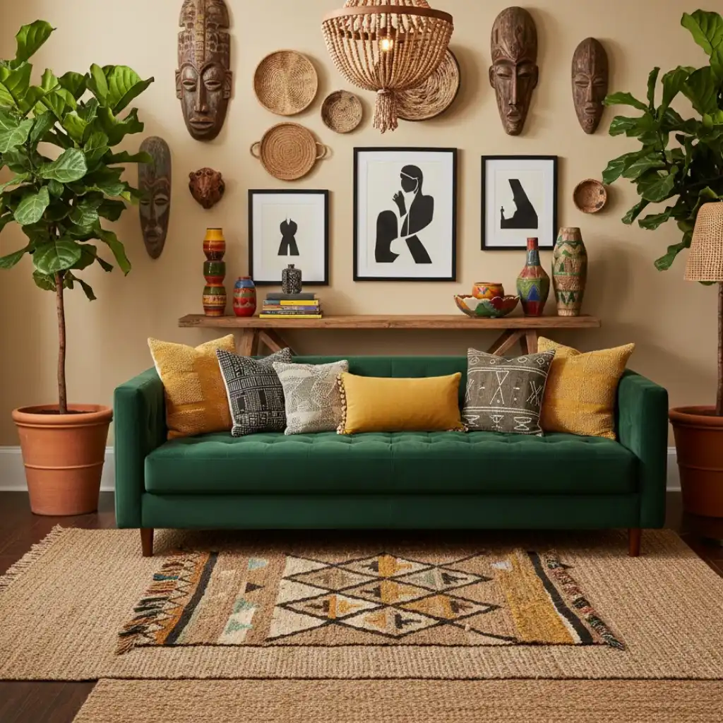 Bold color Afrohemian living room with vibrant accents and rich cultural textures