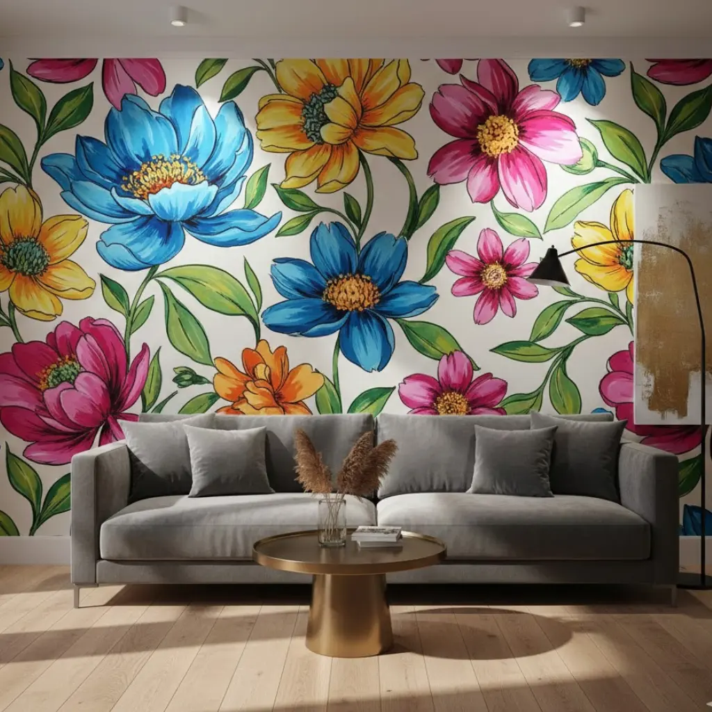Bold floral mural wallpaper transforming a modern living room with vibrant oversized flower designs