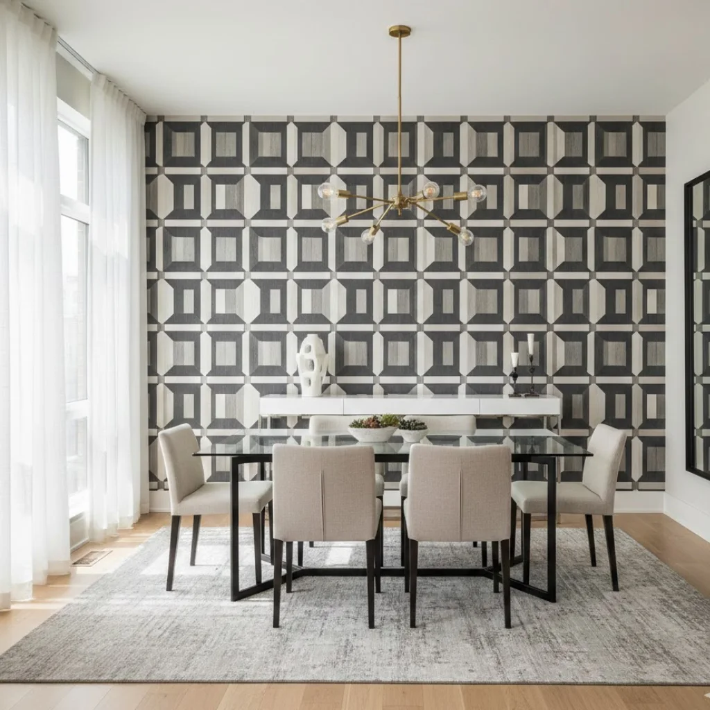 Bold geometric wallpaper adding a modern and stylish touch to a contemporary dining room.