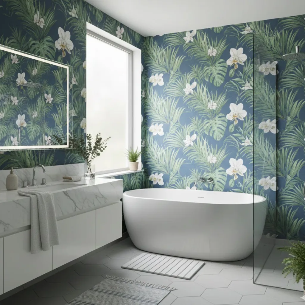 Botanical wallpaper designed for bathrooms adding a fresh and stylish spa-like feel.