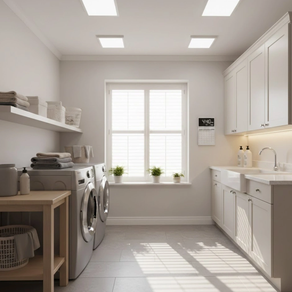 Bright laundry room with LED and under-cabinet lighting, featuring natural sunlight and clean, airy design.