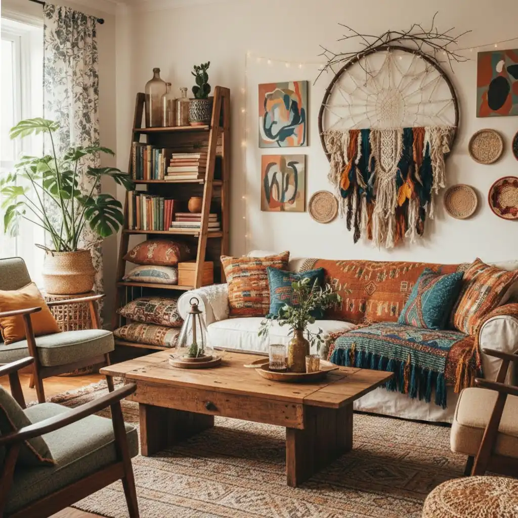 Budget-friendly Afrohemian living room styled with affordable decor and DIY accents