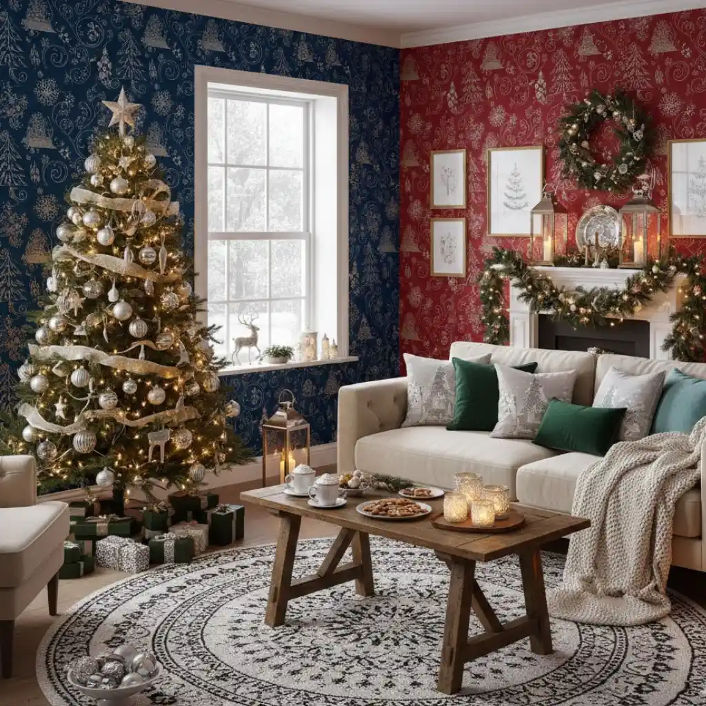 Christmas wallpaper bringing a cozy and festive holiday atmosphere to the living room.